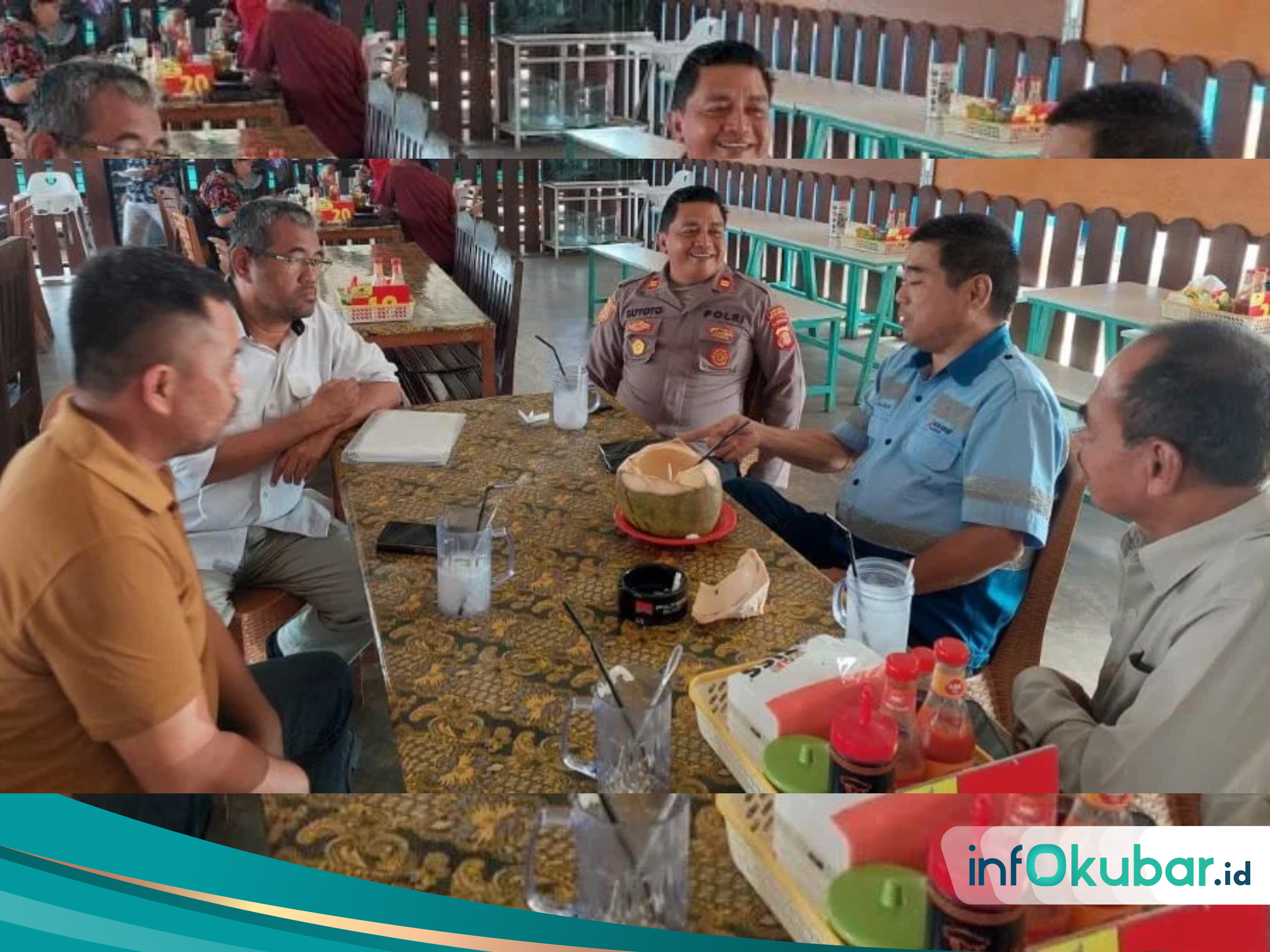 MEDIASI : Pimpinan PT. TSA (dua kanan) bersedia menurunkan alat berat memperbaiki jalan Muara Beloan yang rusak. Kapolsek Melak Iptu Hadi Sucipto (kanan) dan Kapolsek Muara Pahu Iptu Suyoto (tiga kanan). Pertemuan ini disalah satu rumah makan di Kecamatan Barong Tongkok, Kamis (19/12/2024)